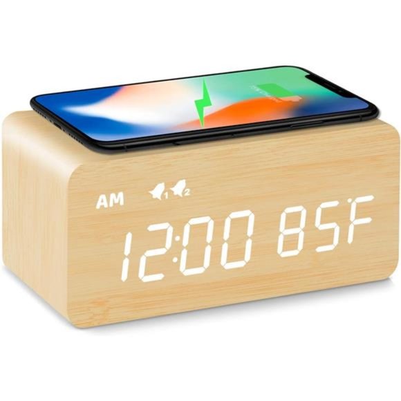 Digital Wooden Alarm Clock w/ Wireless Charging 0-100% Dimmer Dual Alarm Snooze - Picture 1 of 5
